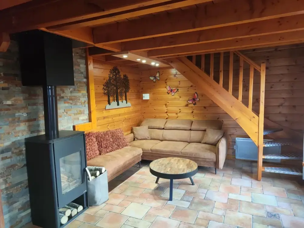 salon avec poêle dans chalet